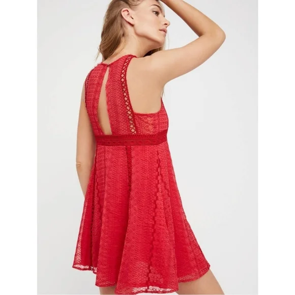 🆕️Free People Wherever You Go Crocheted Mini Dress Rose Red SZ Small - Picture 2 of 14